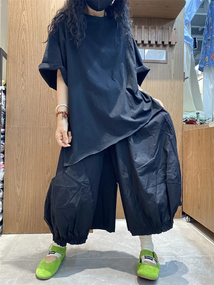 Women Summer Casual Irregular Hem O-Neck Cotton Shirt