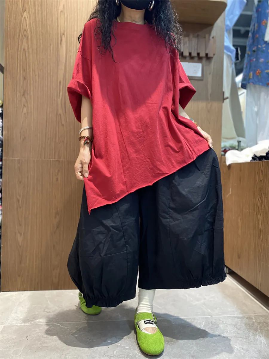Women Summer Casual Irregular Hem O-Neck Cotton Shirt