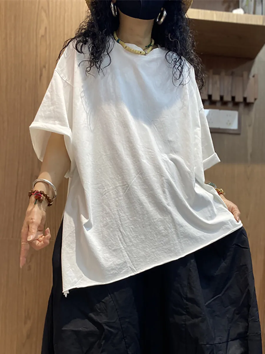 Women Summer Casual Irregular Hem O-Neck Cotton Shirt