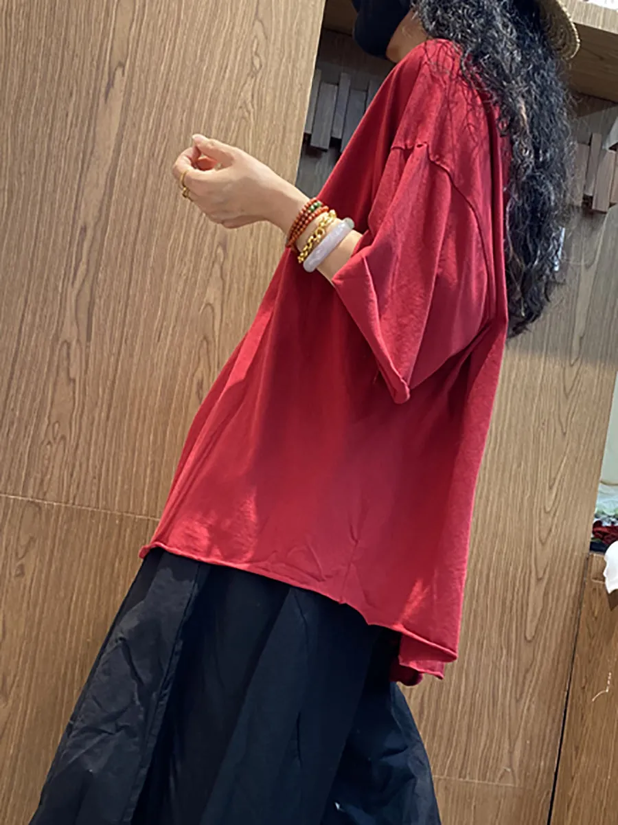 Women Summer Casual Irregular Hem O-Neck Cotton Shirt