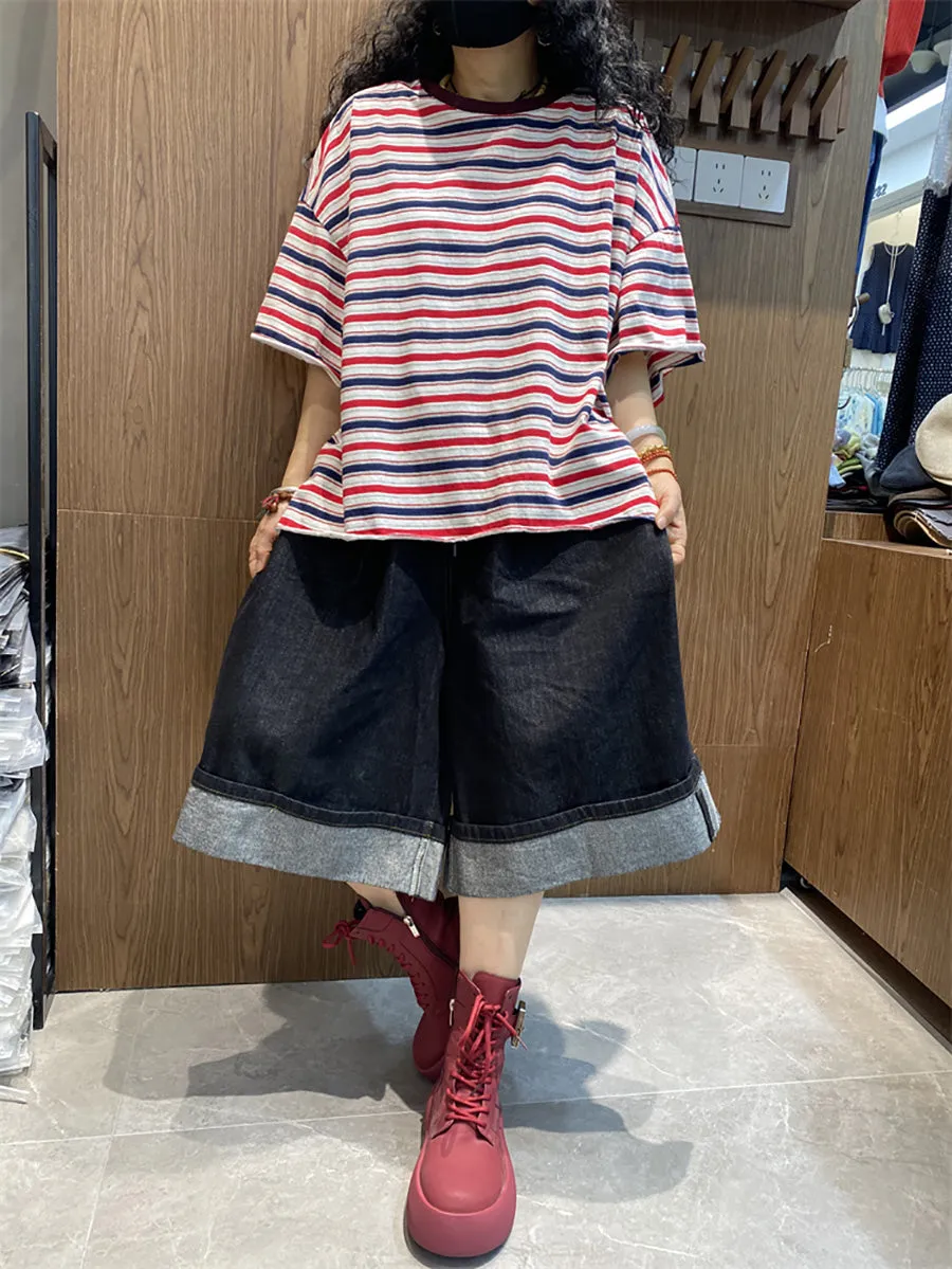 Women Summer Casual Stripe O-Neck Cotton Shirt