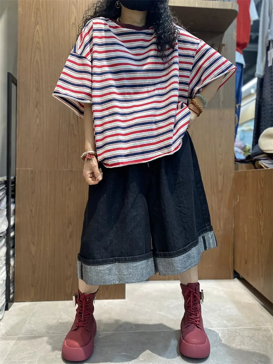Women Summer Casual Stripe O-Neck Cotton Shirt