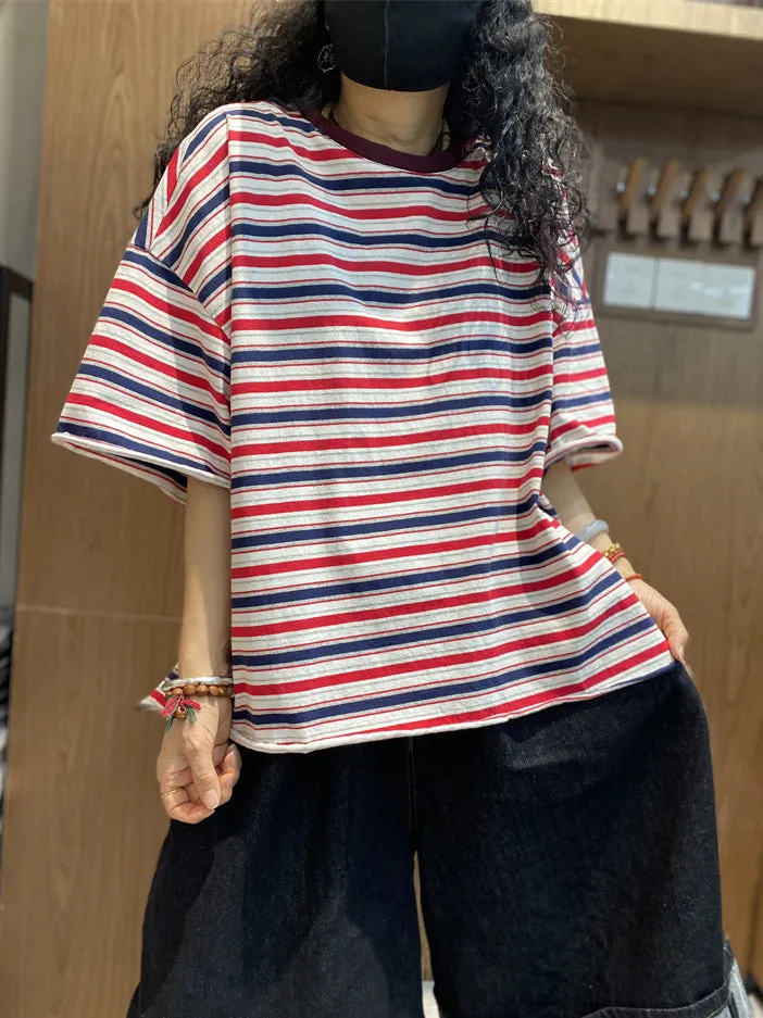 Women Summer Casual Stripe O-Neck Cotton Shirt