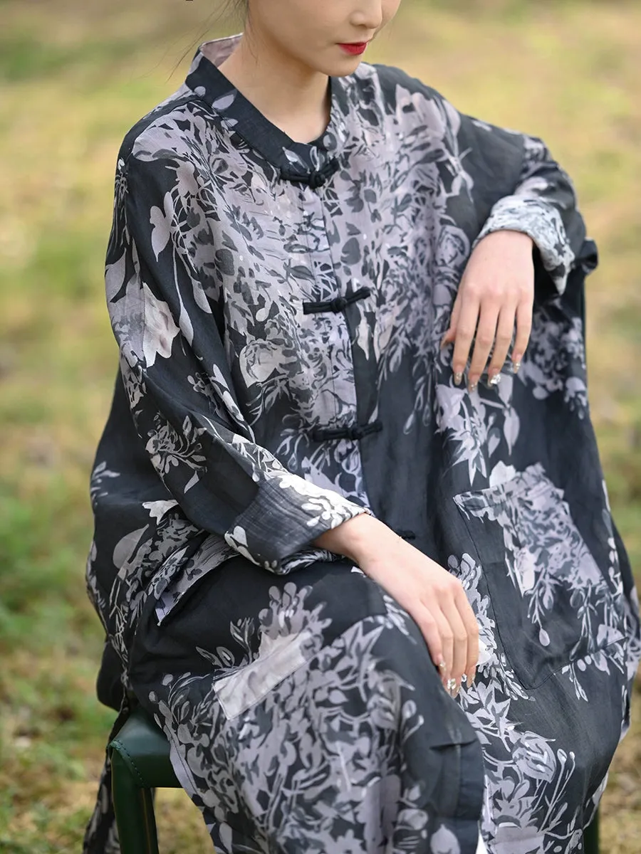 Women Summer Ethnic Stand Collar 100%Ramie Long Shirt