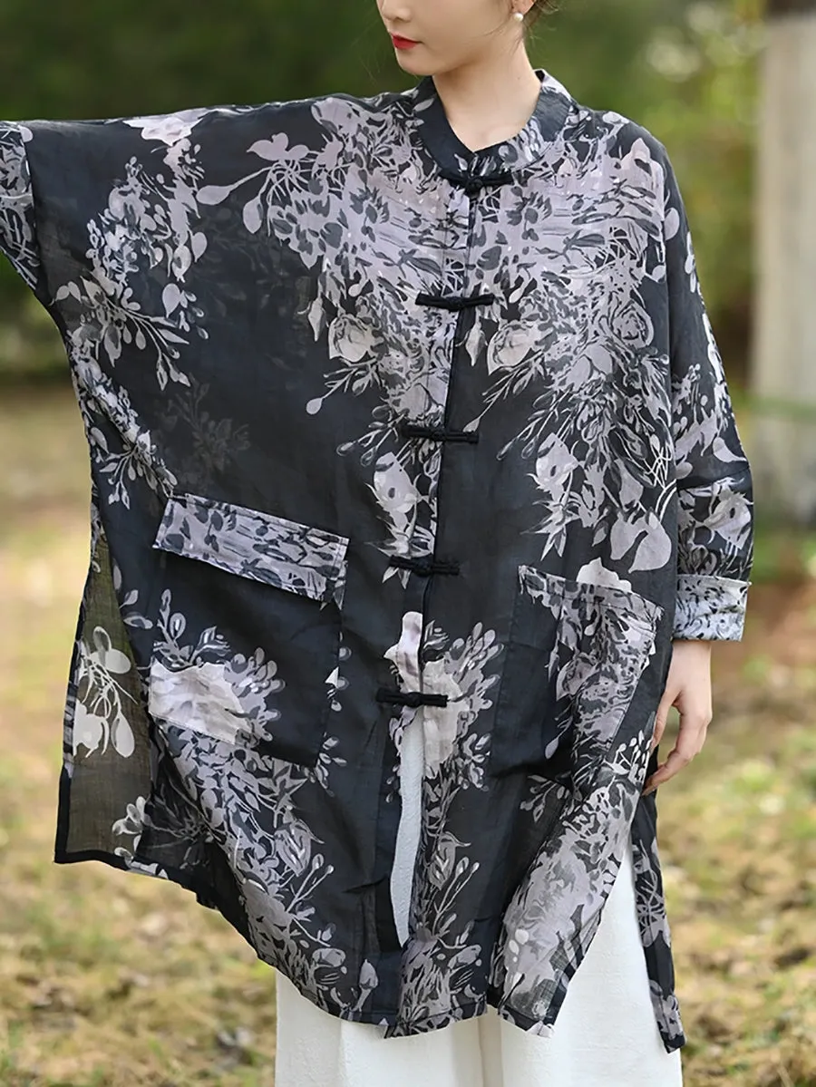 Women Summer Ethnic Stand Collar 100%Ramie Long Shirt