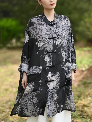 Women Summer Ethnic Stand Collar 100%Ramie Long Shirt
