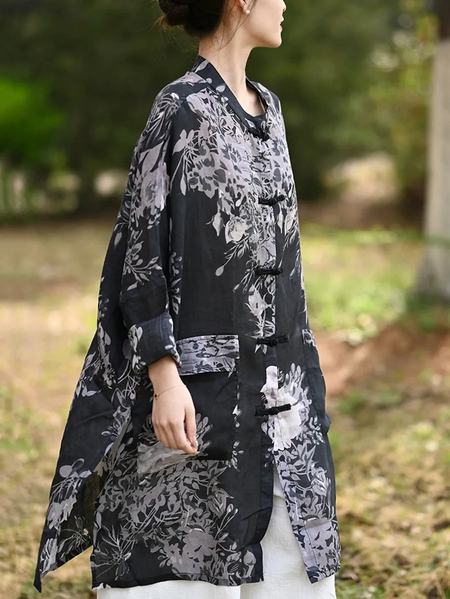 Women Summer Ethnic Stand Collar 100%Ramie Long Shirt