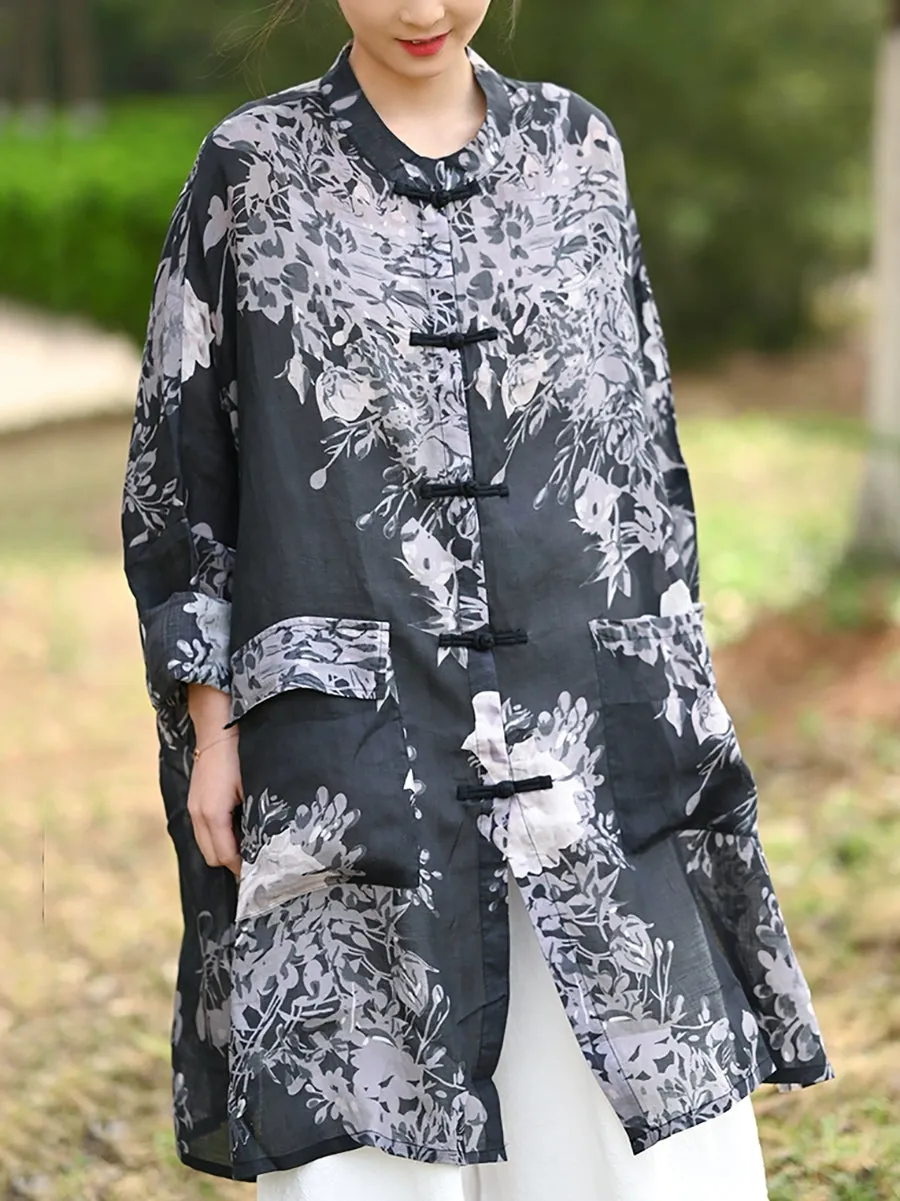 Women Summer Ethnic Stand Collar 100%Ramie Long Shirt