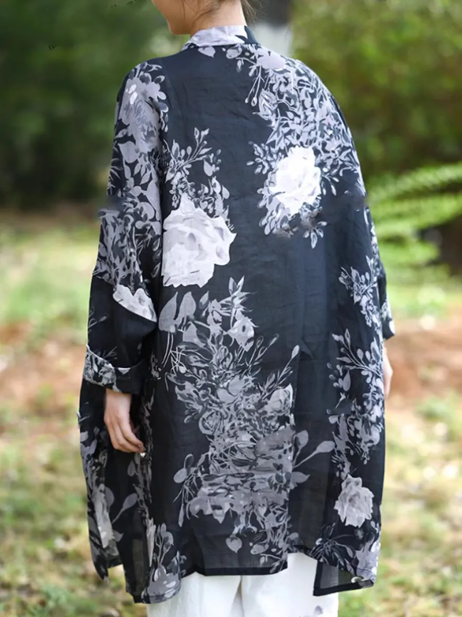 Women Summer Ethnic Stand Collar 100%Ramie Long Shirt