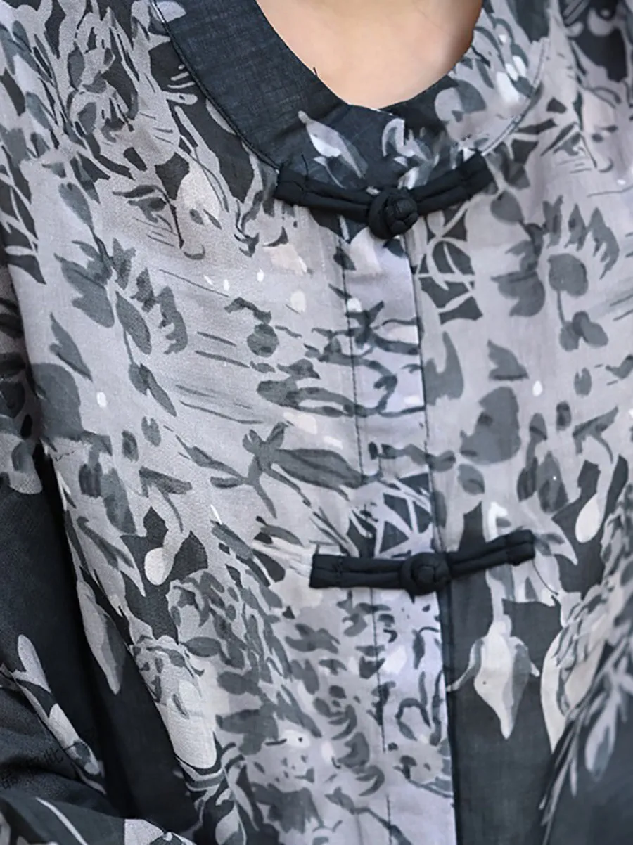 Women Summer Ethnic Stand Collar 100%Ramie Long Shirt