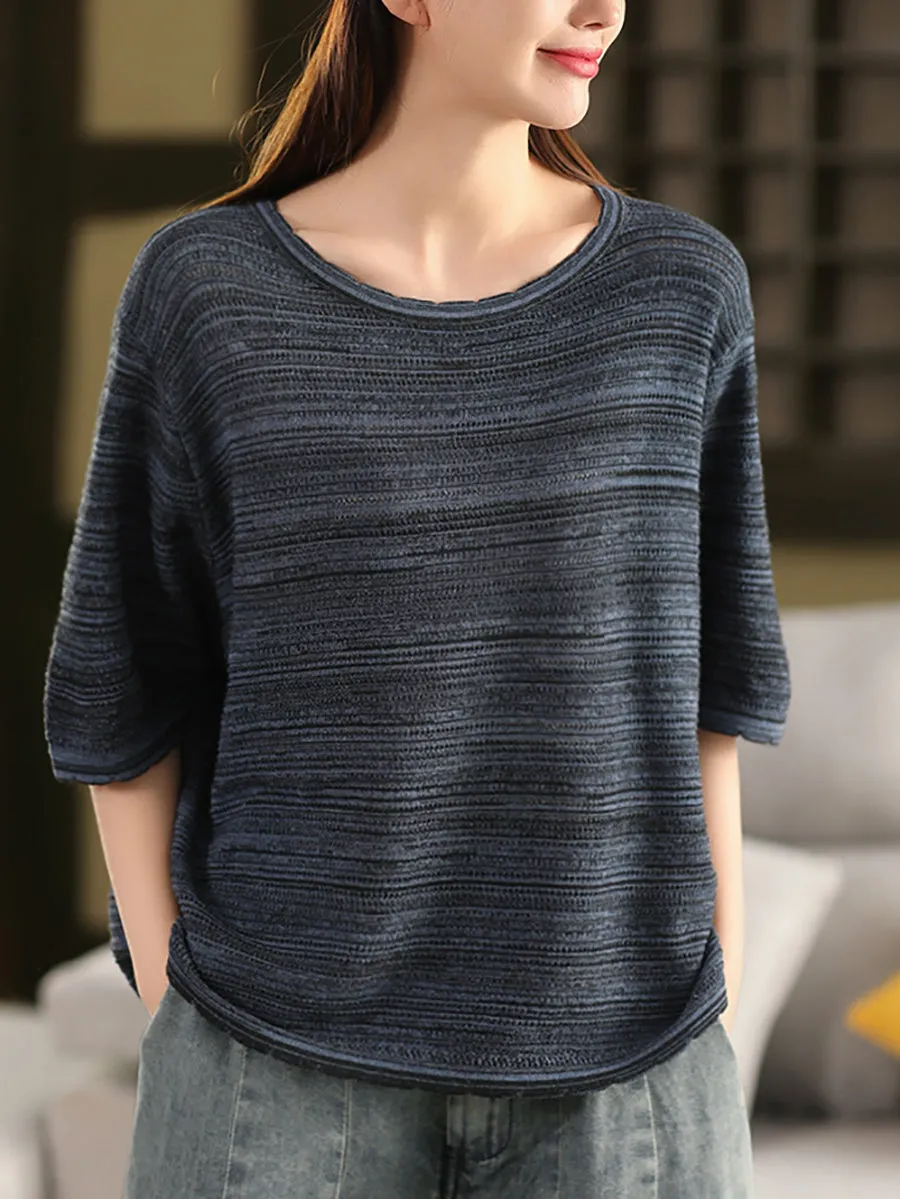 Women Summer Retro Stripe O-Neck Shirt