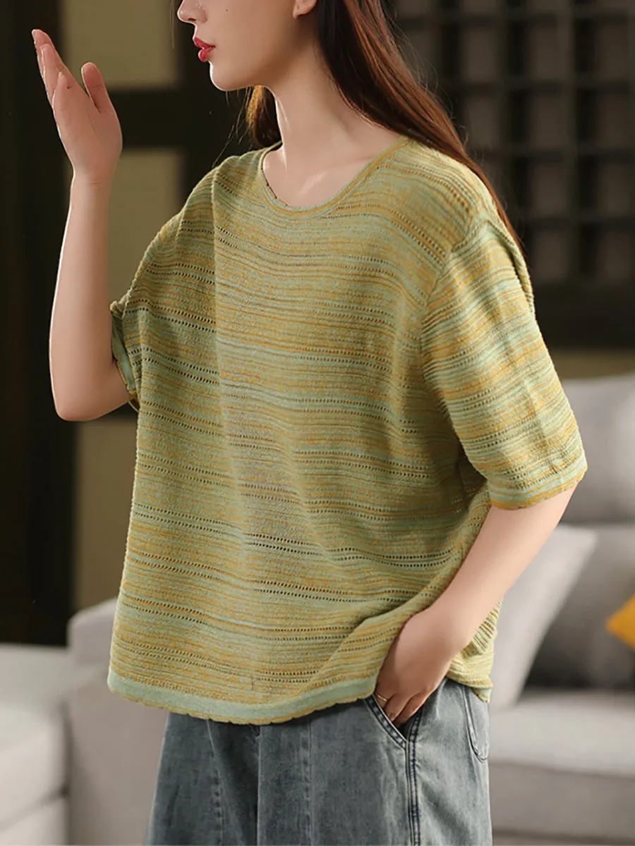 Women Summer Retro Stripe O-Neck Shirt