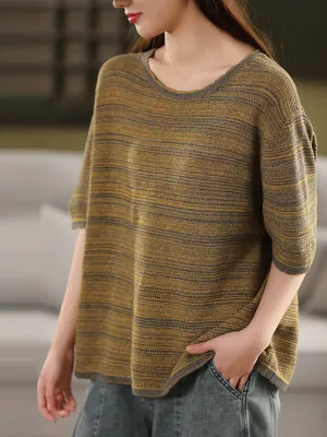 Women Summer Retro Stripe O-Neck Shirt