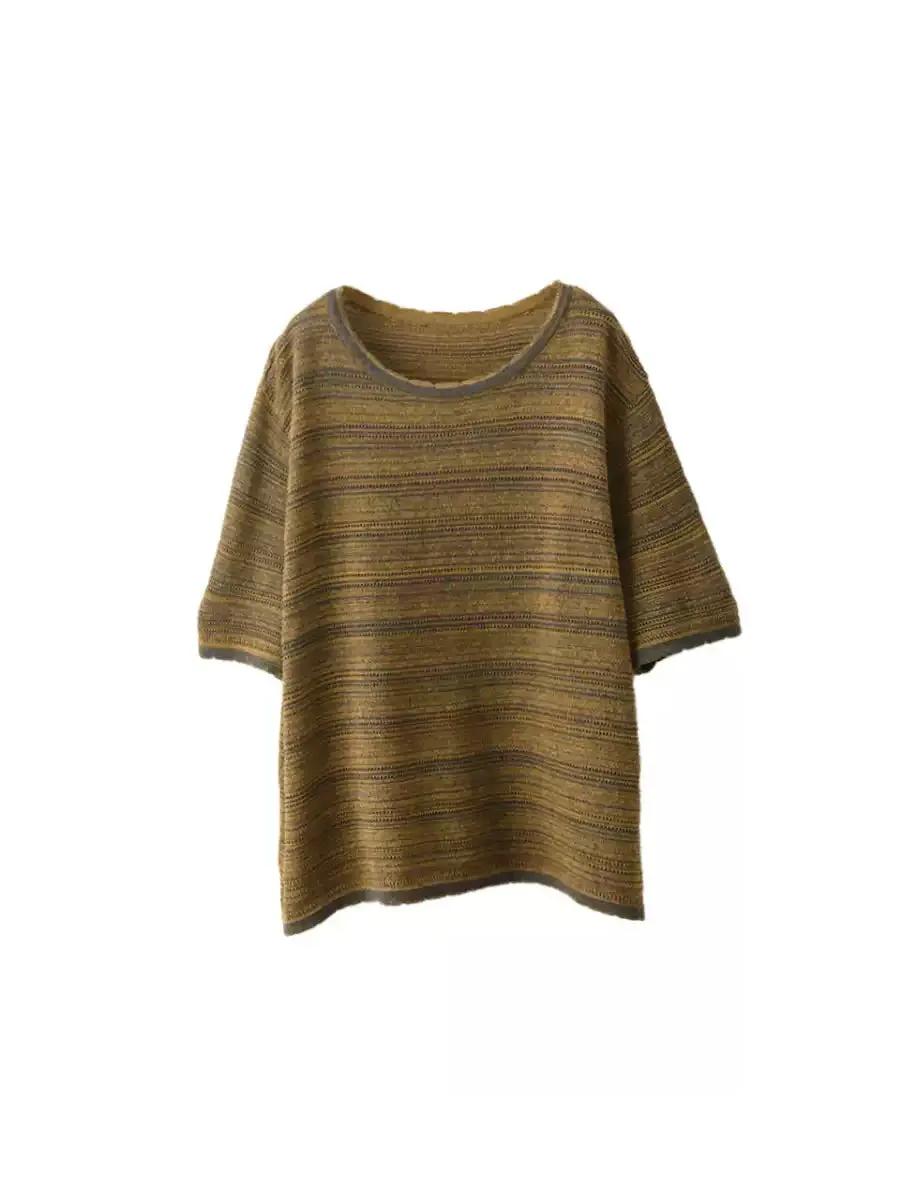 Women Summer Retro Stripe O-Neck Shirt