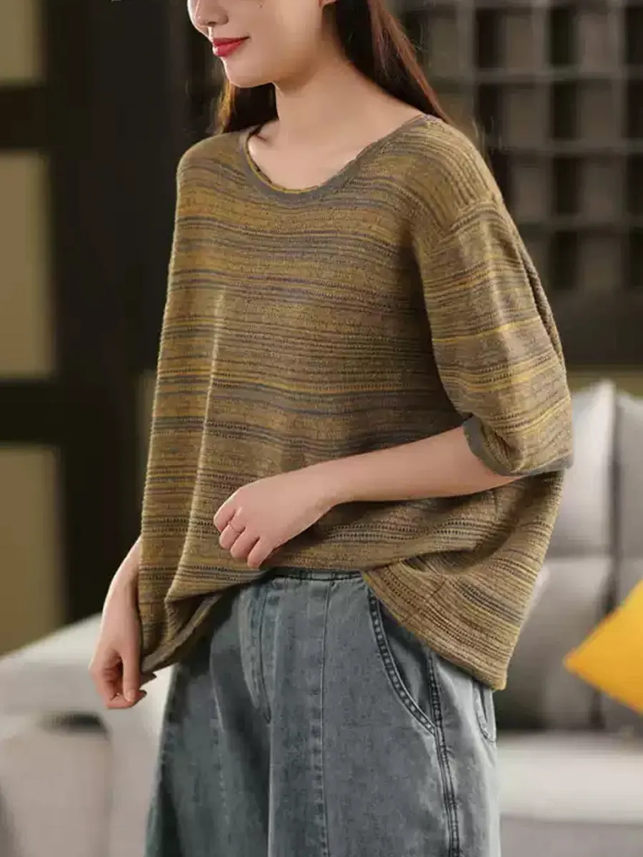 Women Summer Retro Stripe O-Neck Shirt