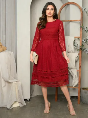 WOMEN'S 3/4 SLEEVE EYELET DETAILED LACE MIDI DRESS