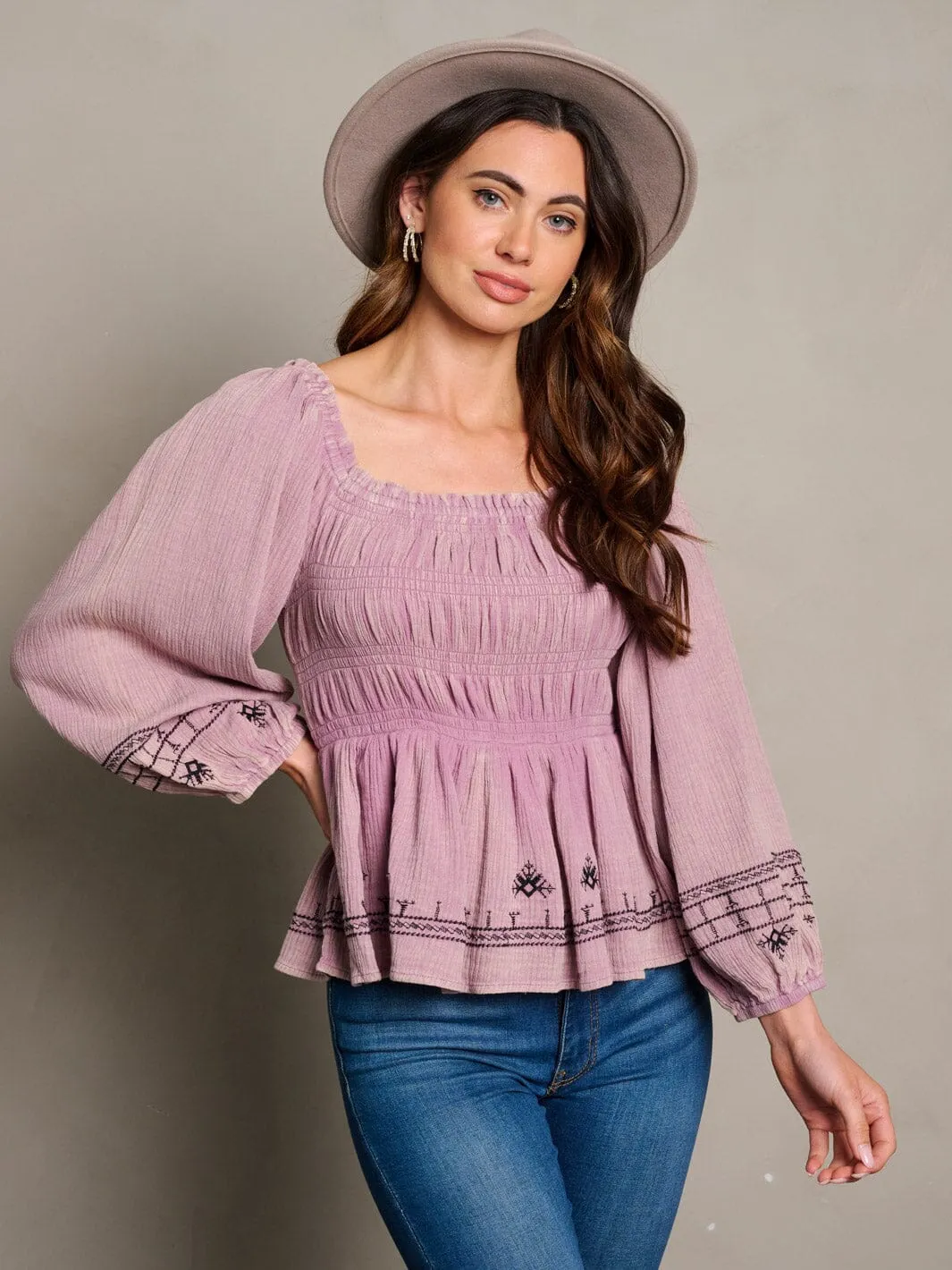 WOMEN'S LONG SLEEVE SQUARE NECK SMOCK TRIM DETAILED BLOUSE TOP