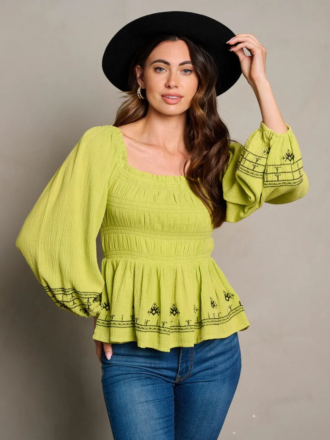 WOMEN'S LONG SLEEVE SQUARE NECK SMOCK TRIM DETAILED BLOUSE TOP