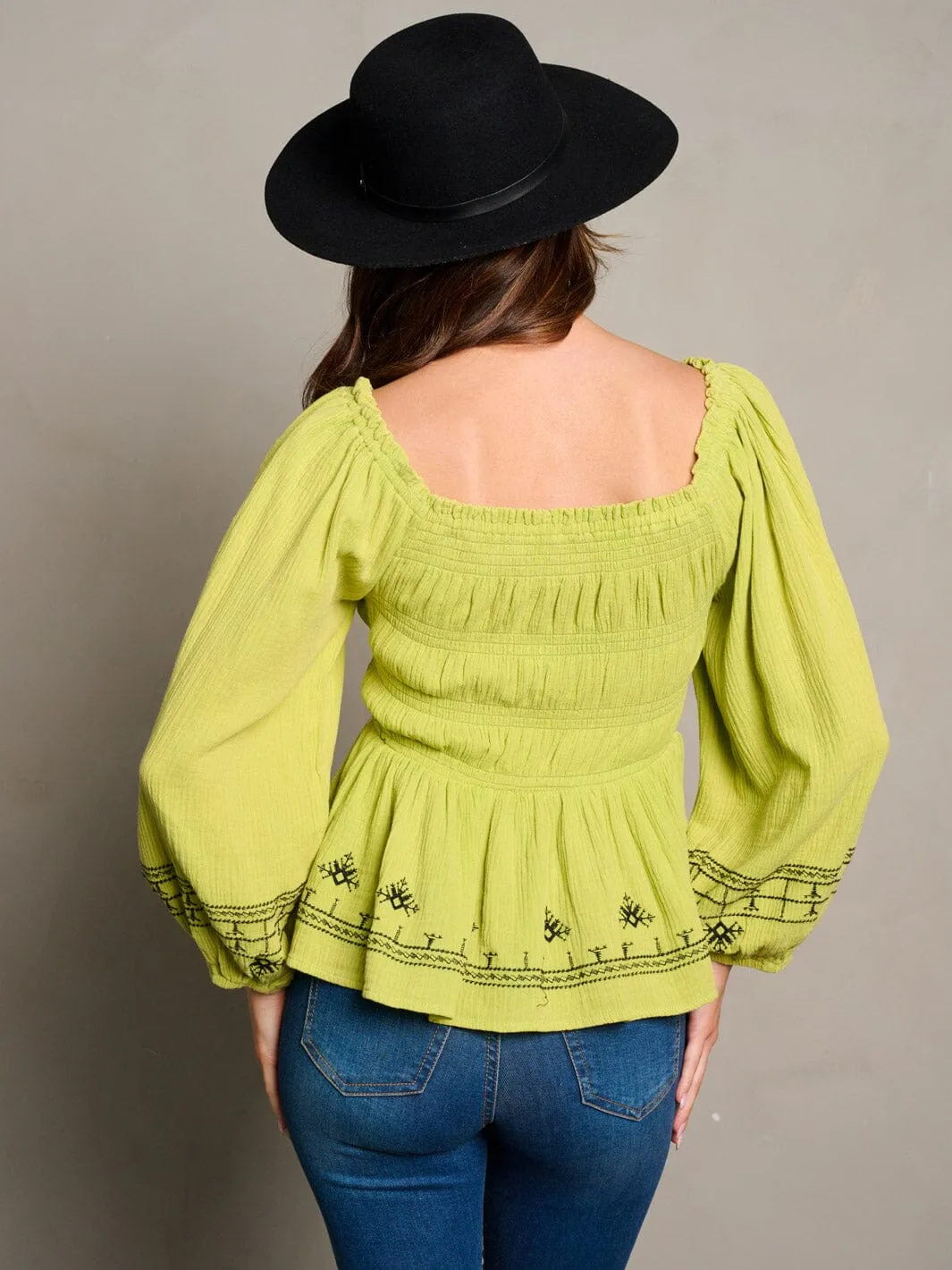 WOMEN'S LONG SLEEVE SQUARE NECK SMOCK TRIM DETAILED BLOUSE TOP