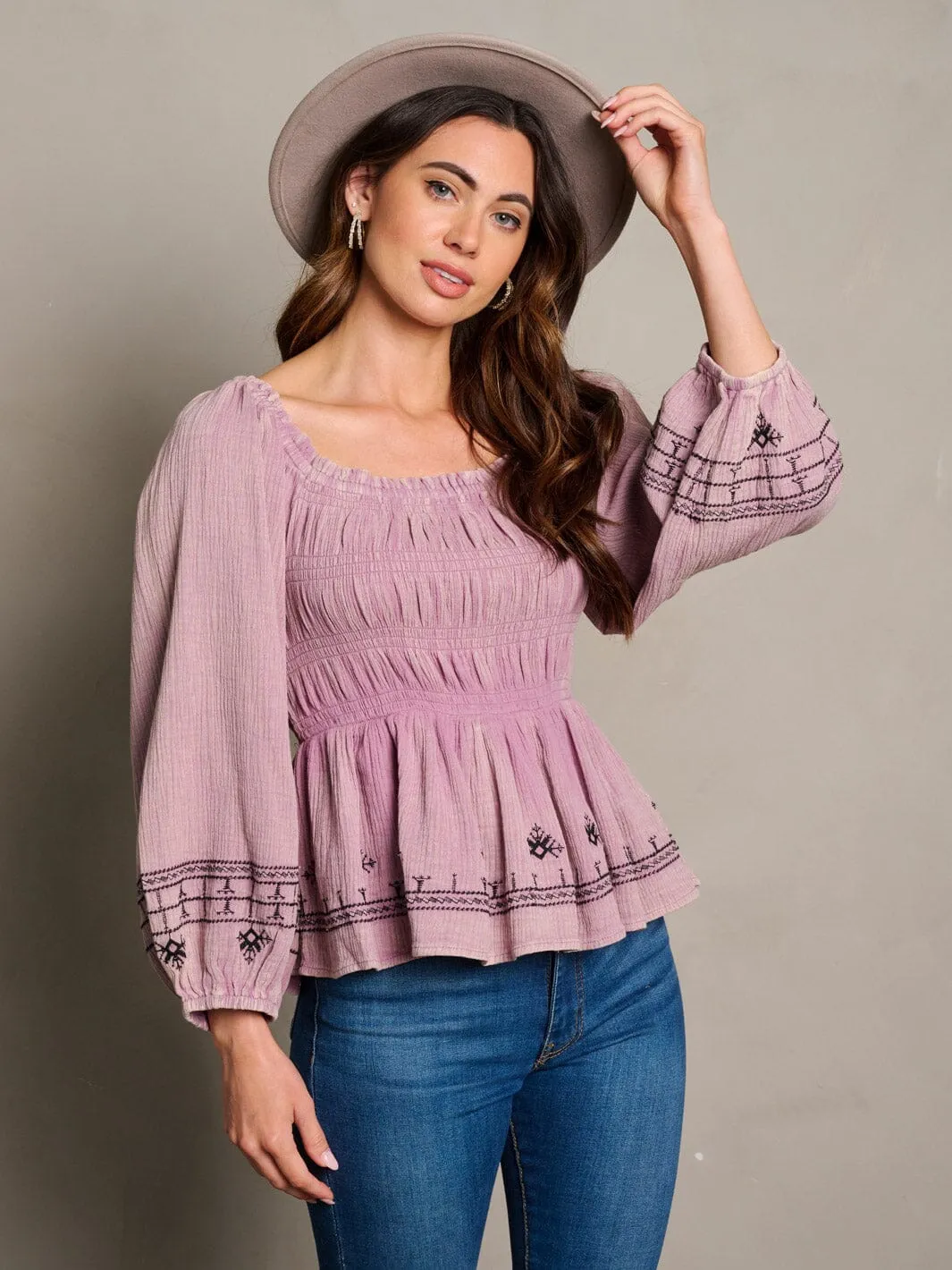WOMEN'S LONG SLEEVE SQUARE NECK SMOCK TRIM DETAILED BLOUSE TOP