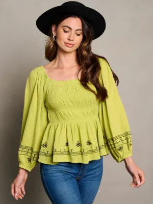 WOMEN'S LONG SLEEVE SQUARE NECK SMOCK TRIM DETAILED BLOUSE TOP