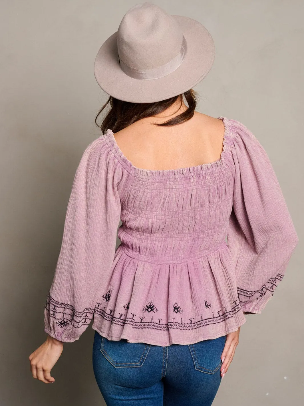 WOMEN'S LONG SLEEVE SQUARE NECK SMOCK TRIM DETAILED BLOUSE TOP