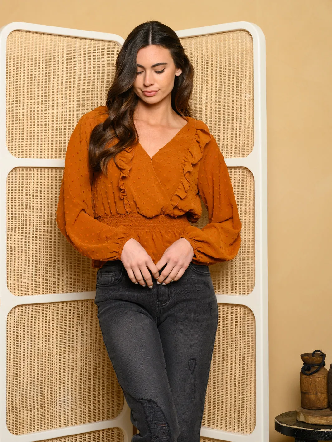 WOMEN'S LONG SLEEVE SWISS DOT WOVEN TOP
