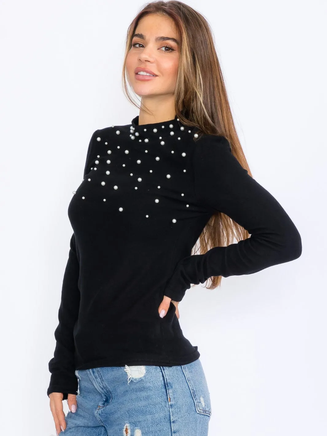 WOMEN'S LONG SLEEVES MOCK NECK PEAR DETAILED TOP