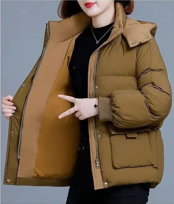 Women's Quilted Puffer Jacket with Hood and Stain-Resistant Fabric