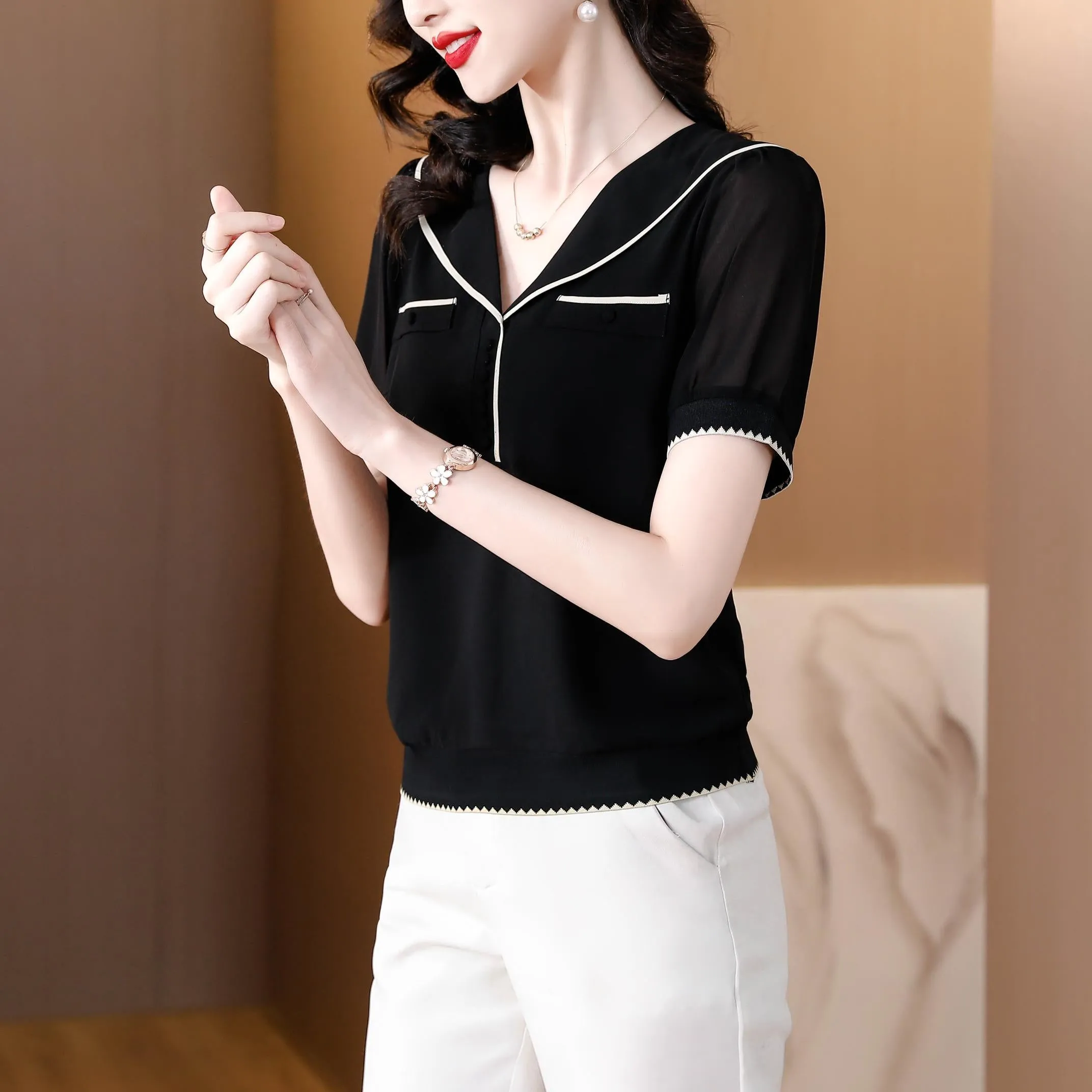 Women's Relaxed-Fit Chiffon Blouse with V-Neck Design