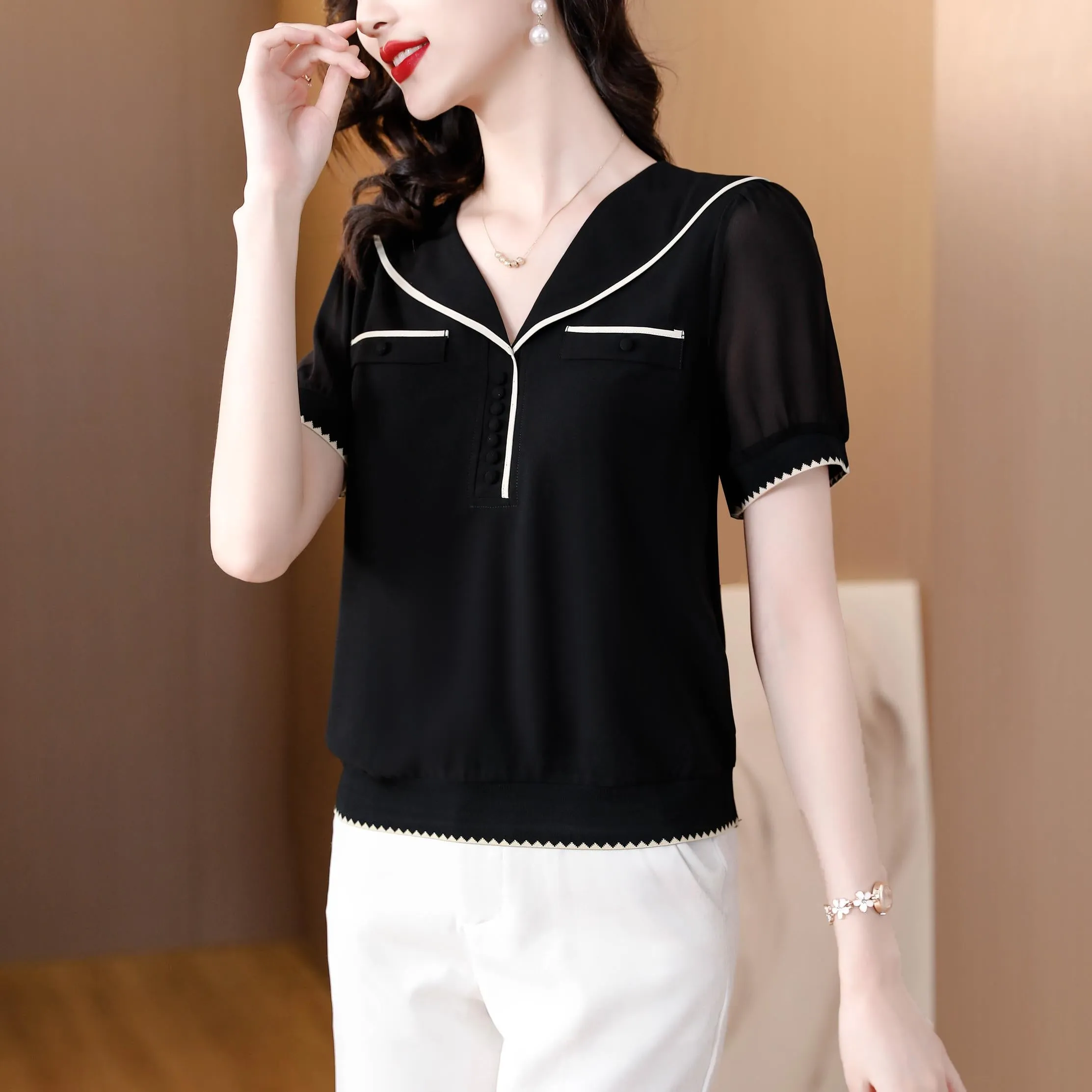 Women's Relaxed-Fit Chiffon Blouse with V-Neck Design