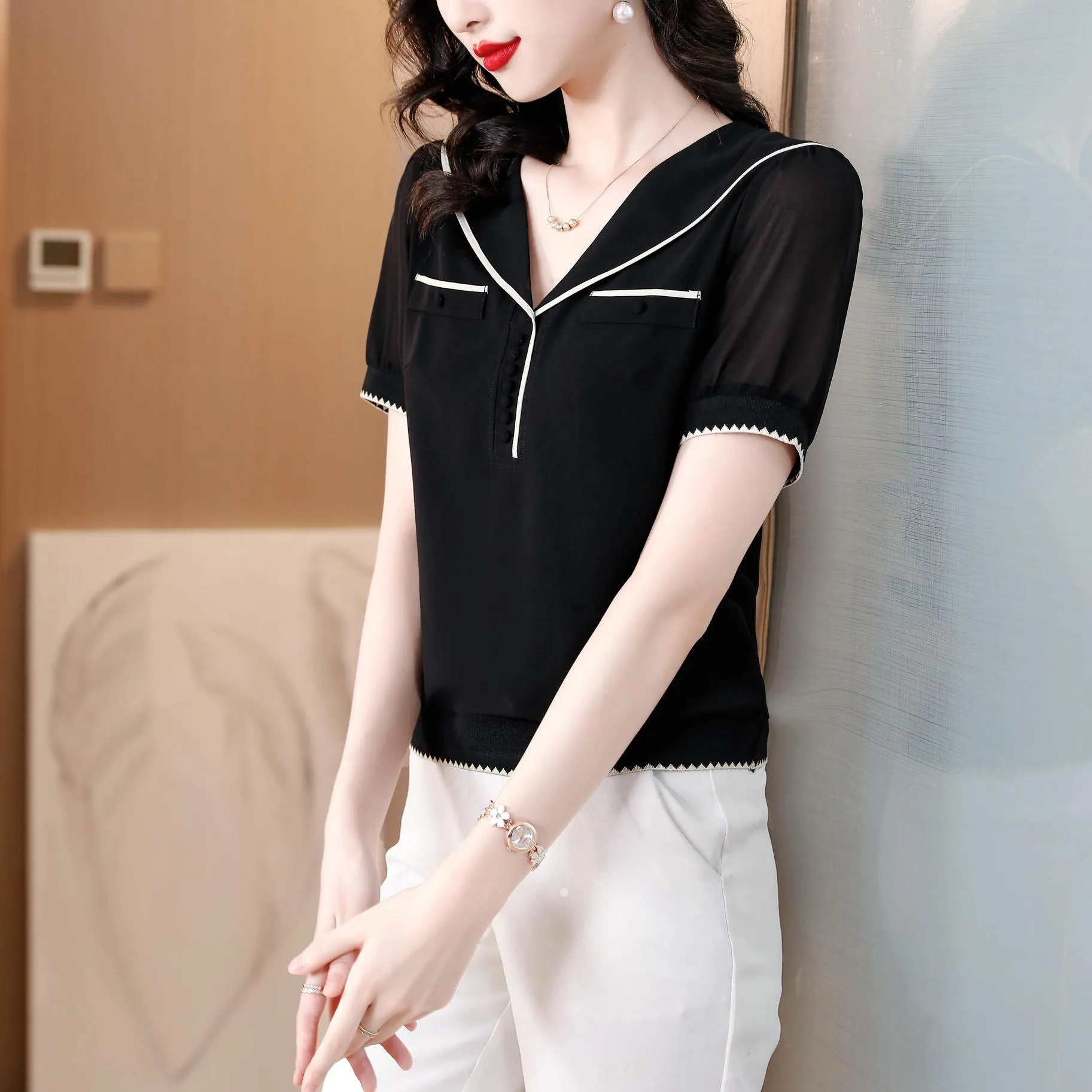 Women's Relaxed-Fit Chiffon Blouse with V-Neck Design