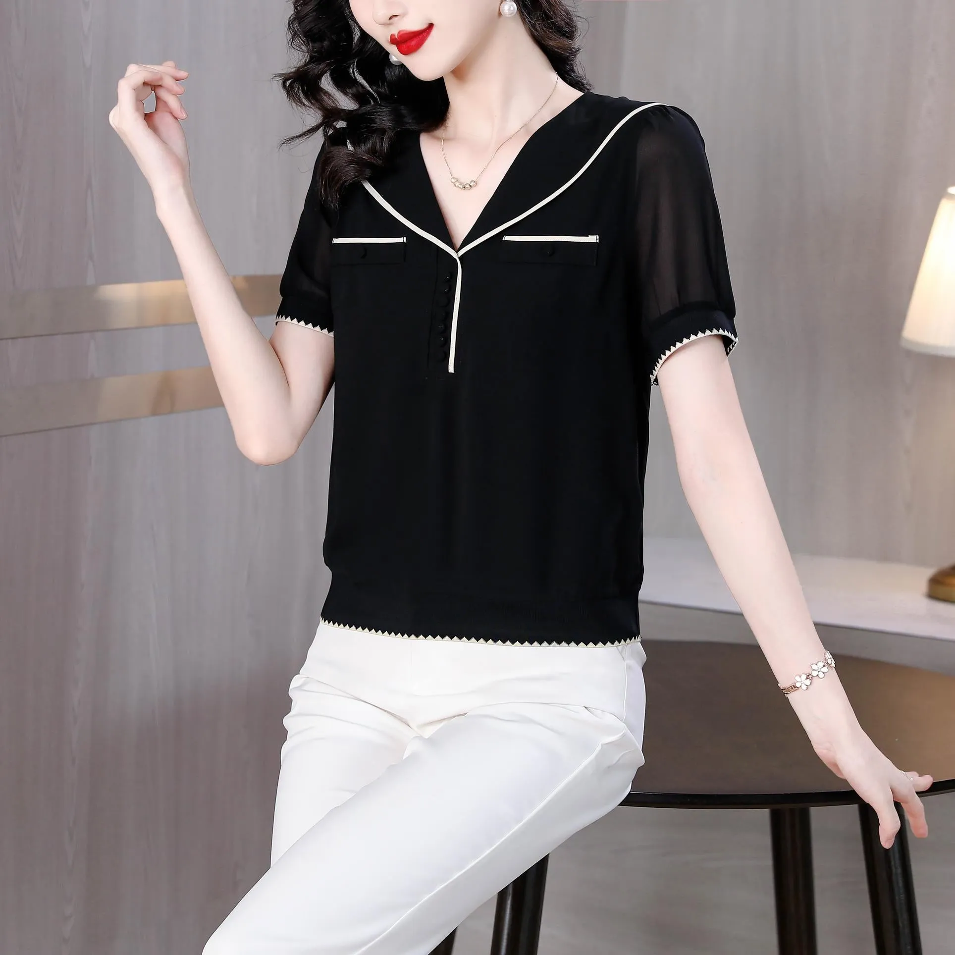 Women's Relaxed-Fit Chiffon Blouse with V-Neck Design