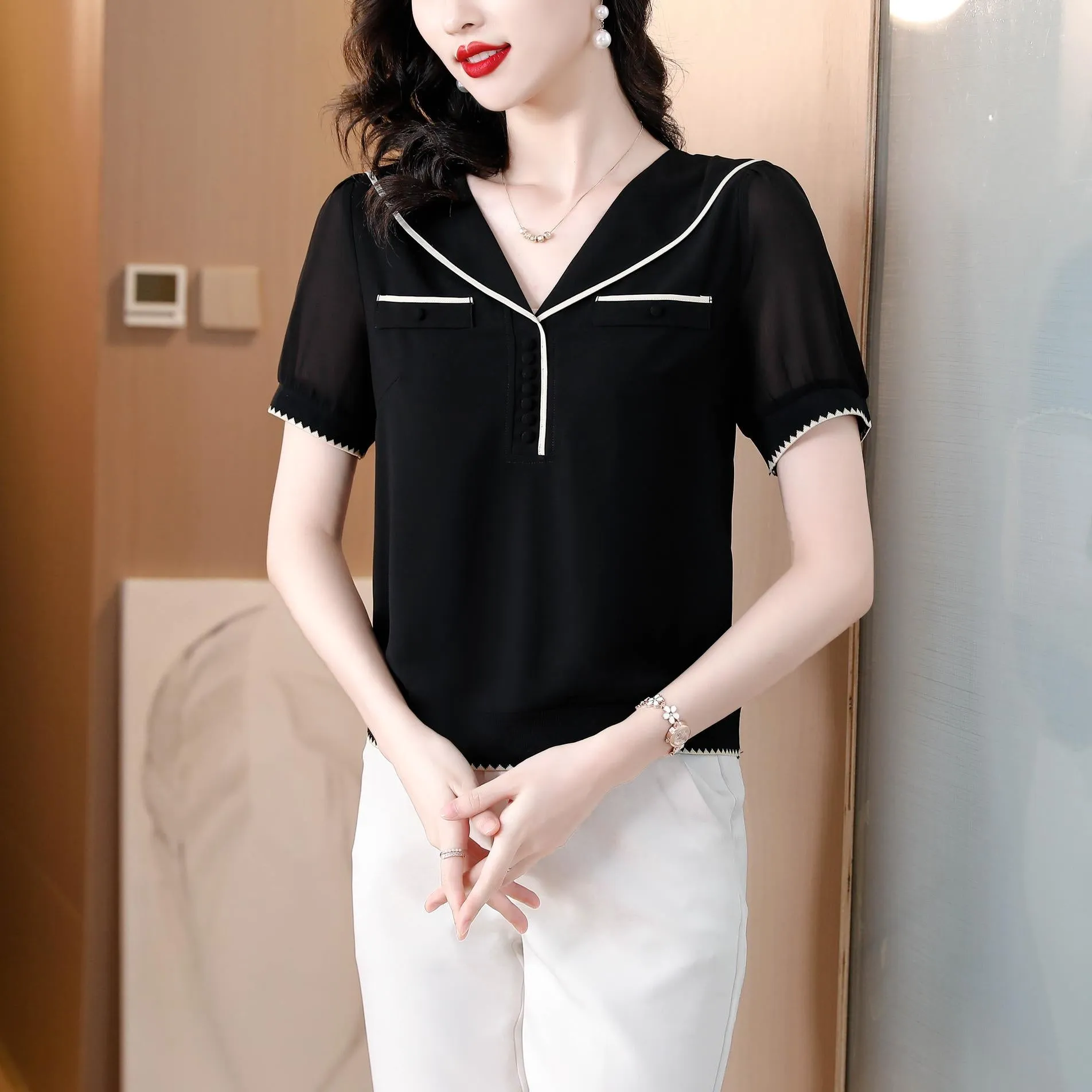Women's Relaxed-Fit Chiffon Blouse with V-Neck Design