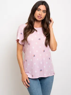 WOMEN'S SHORT SLEEVE FLAG PRINT BACK RUCHED TOP