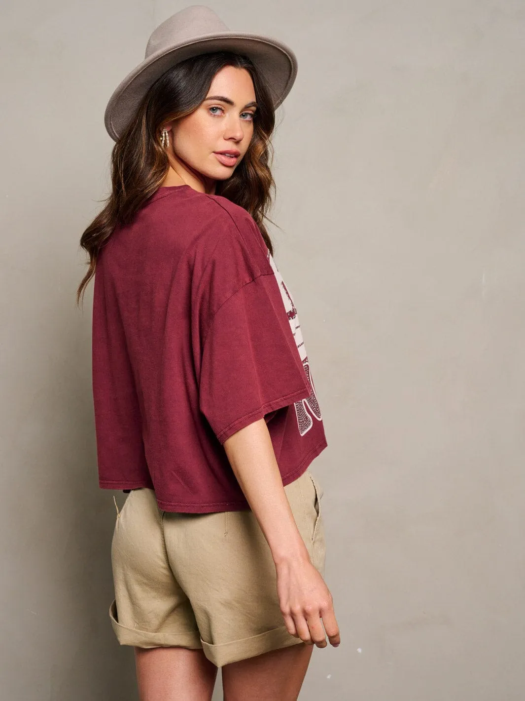 WOMEN'S SHORT SLEEVE SEQUINS GRAPHIC DETAILED TOP