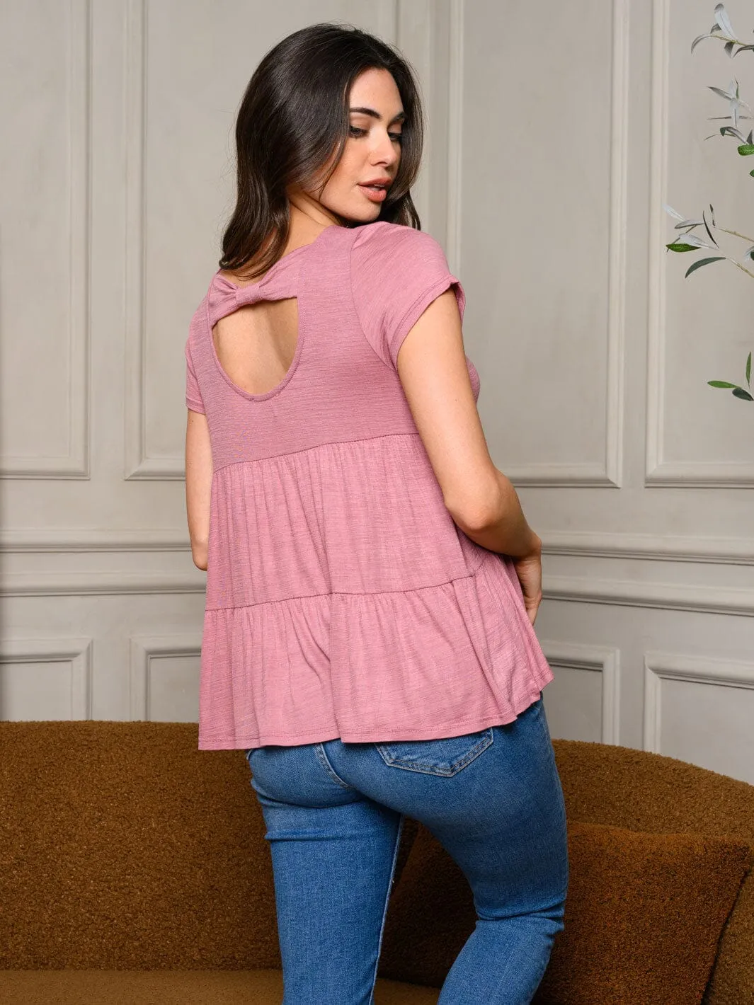 WOMEN'S SHORT SLEEVE TIERED BACK DETAILED TOP