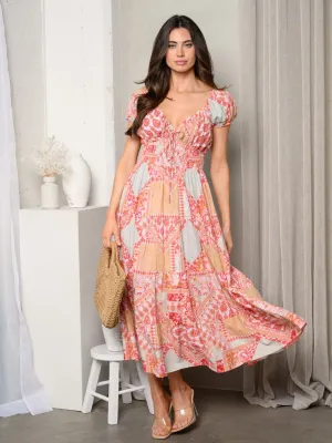WOMEN'S SHORT SLEEVE V-NECK MULTI PRINT MIDI DRESS