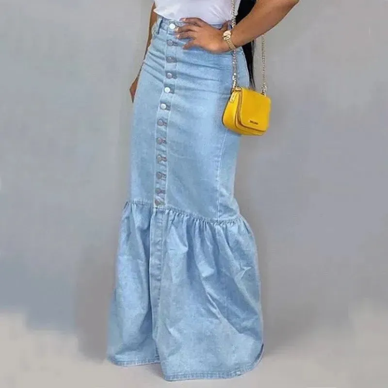 Women's Slim-fit Peplum Patchwork Long Denim Skirt fish tail style Jeans Skirt