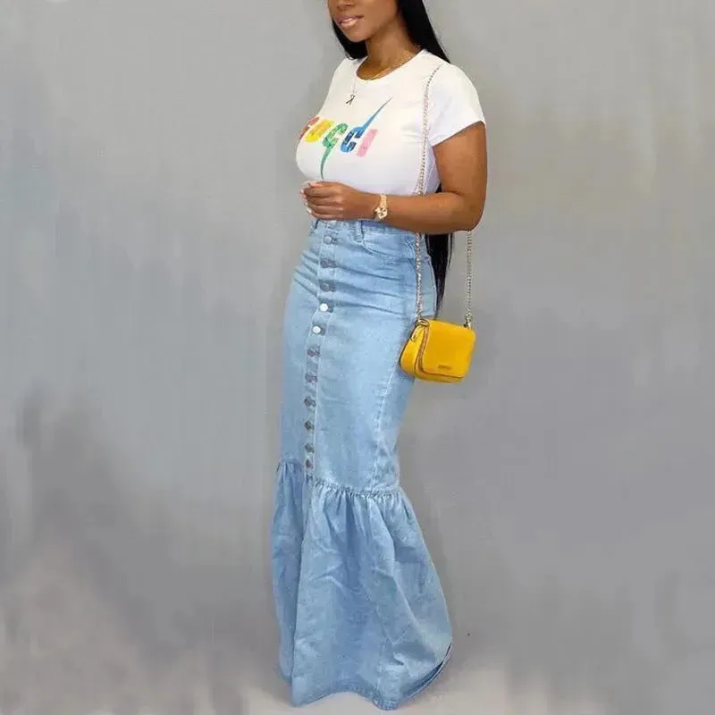 Women's Slim-fit Peplum Patchwork Long Denim Skirt fish tail style Jeans Skirt