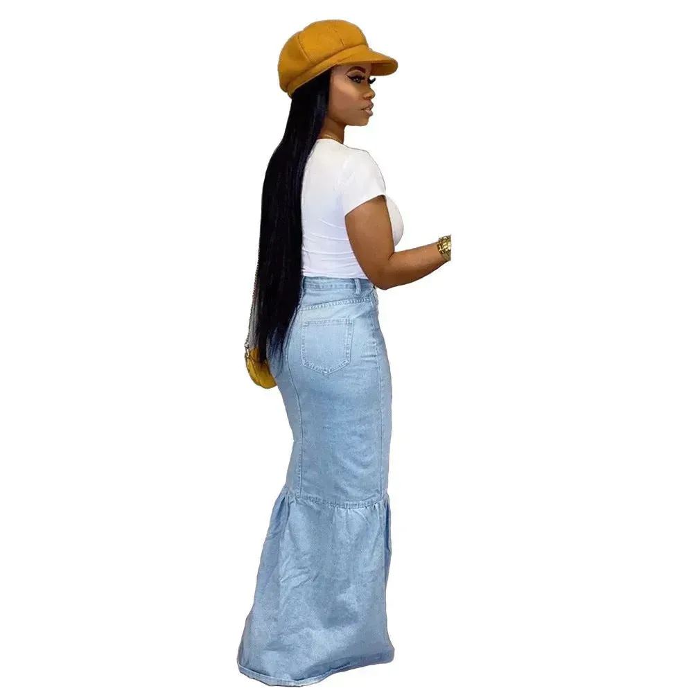Women's Slim-fit Peplum Patchwork Long Denim Skirt fish tail style Jeans Skirt
