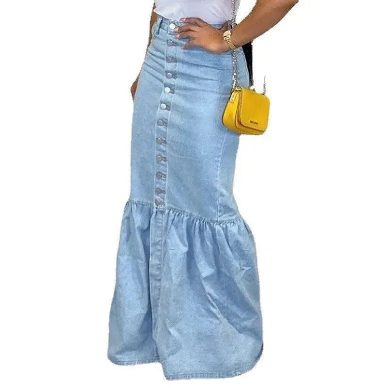 Women's Slim-fit Peplum Patchwork Long Denim Skirt fish tail style Jeans Skirt