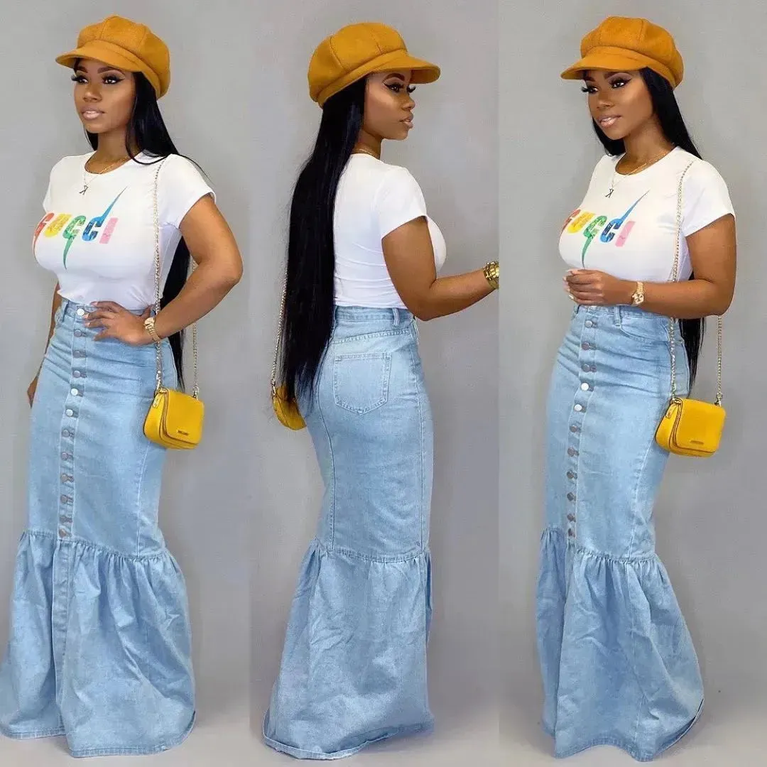 Women's Slim-fit Peplum Patchwork Long Denim Skirt fish tail style Jeans Skirt
