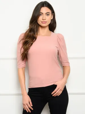 WOMEN'S SQUARE NECK PUFF SLEEVE SWISS DOT TOP