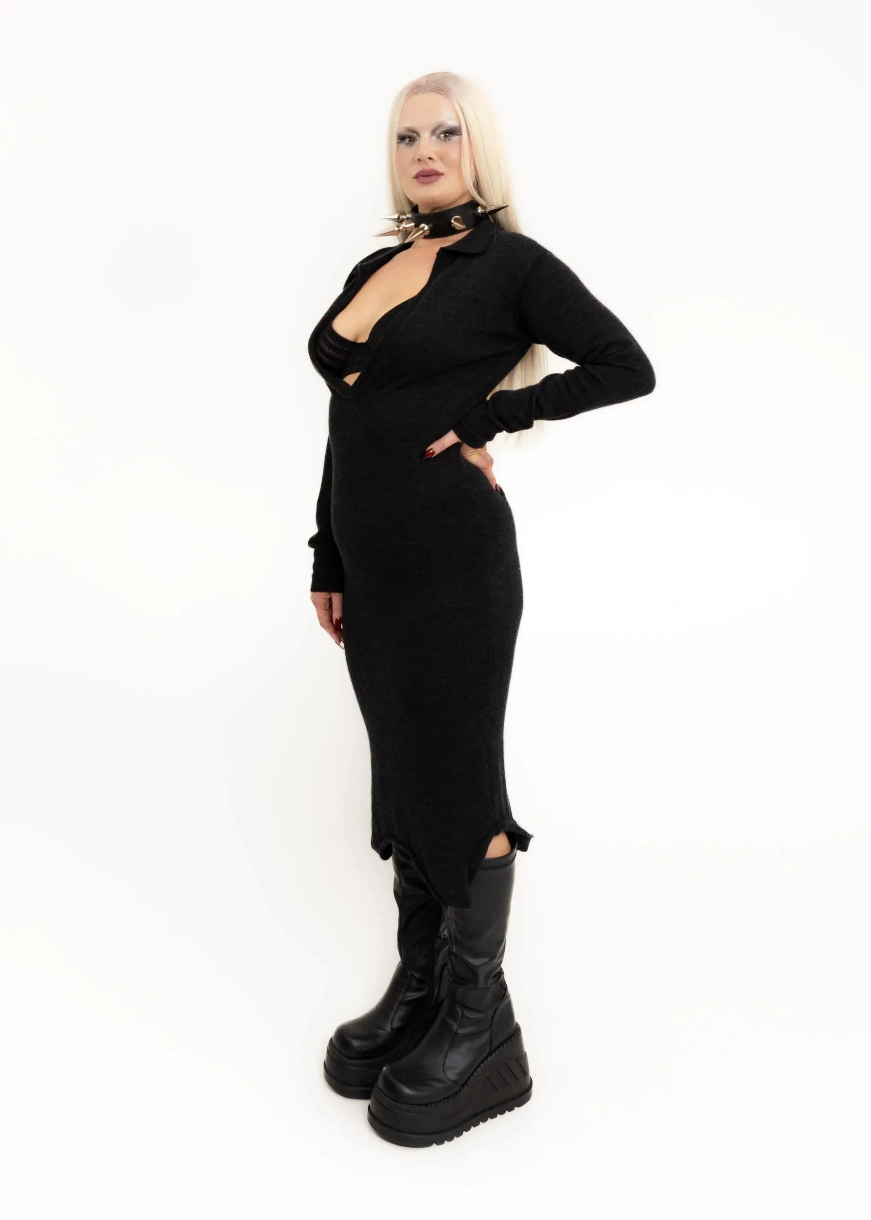 Wool knit dress with plunging neckline
