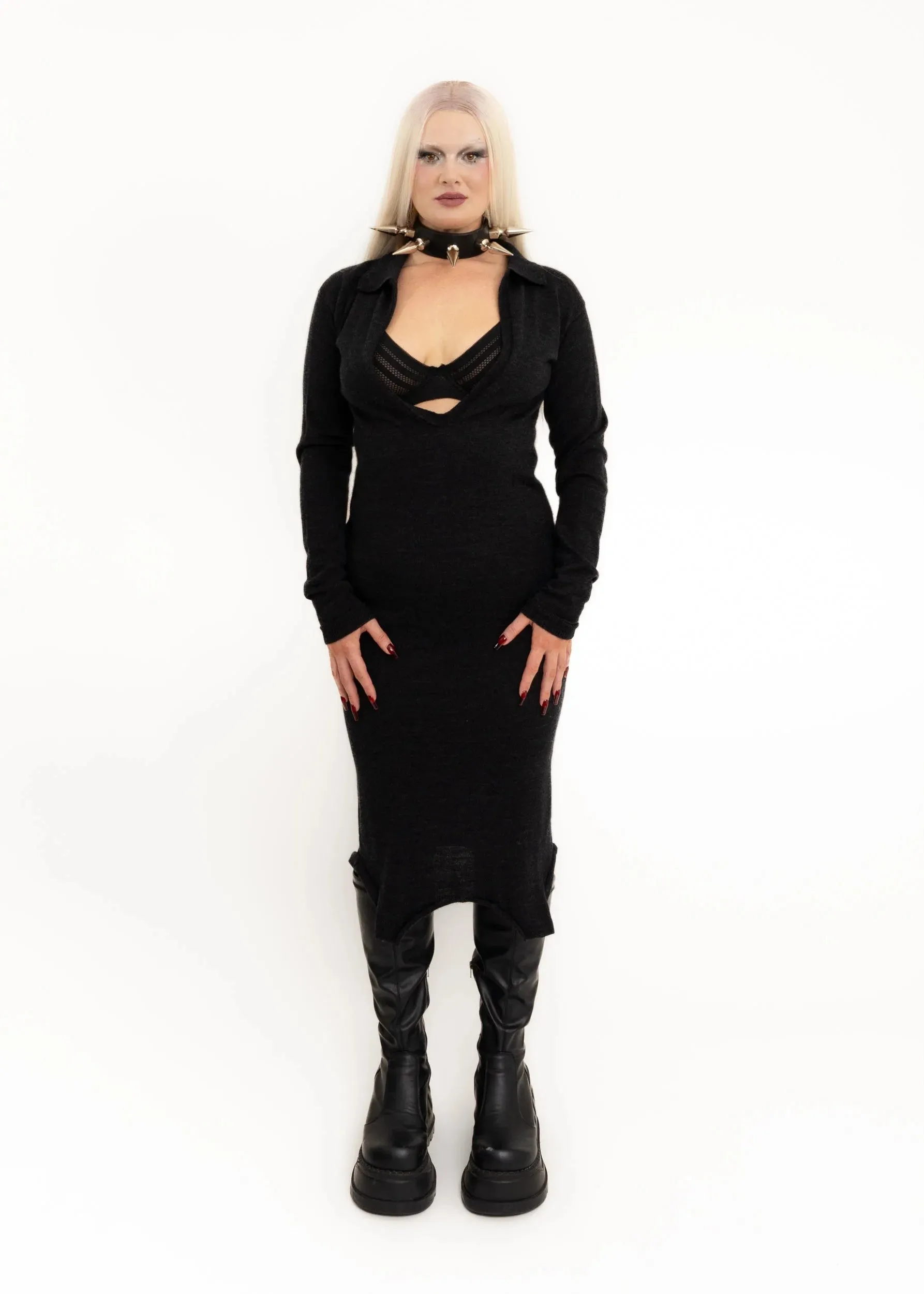 Wool knit dress with plunging neckline
