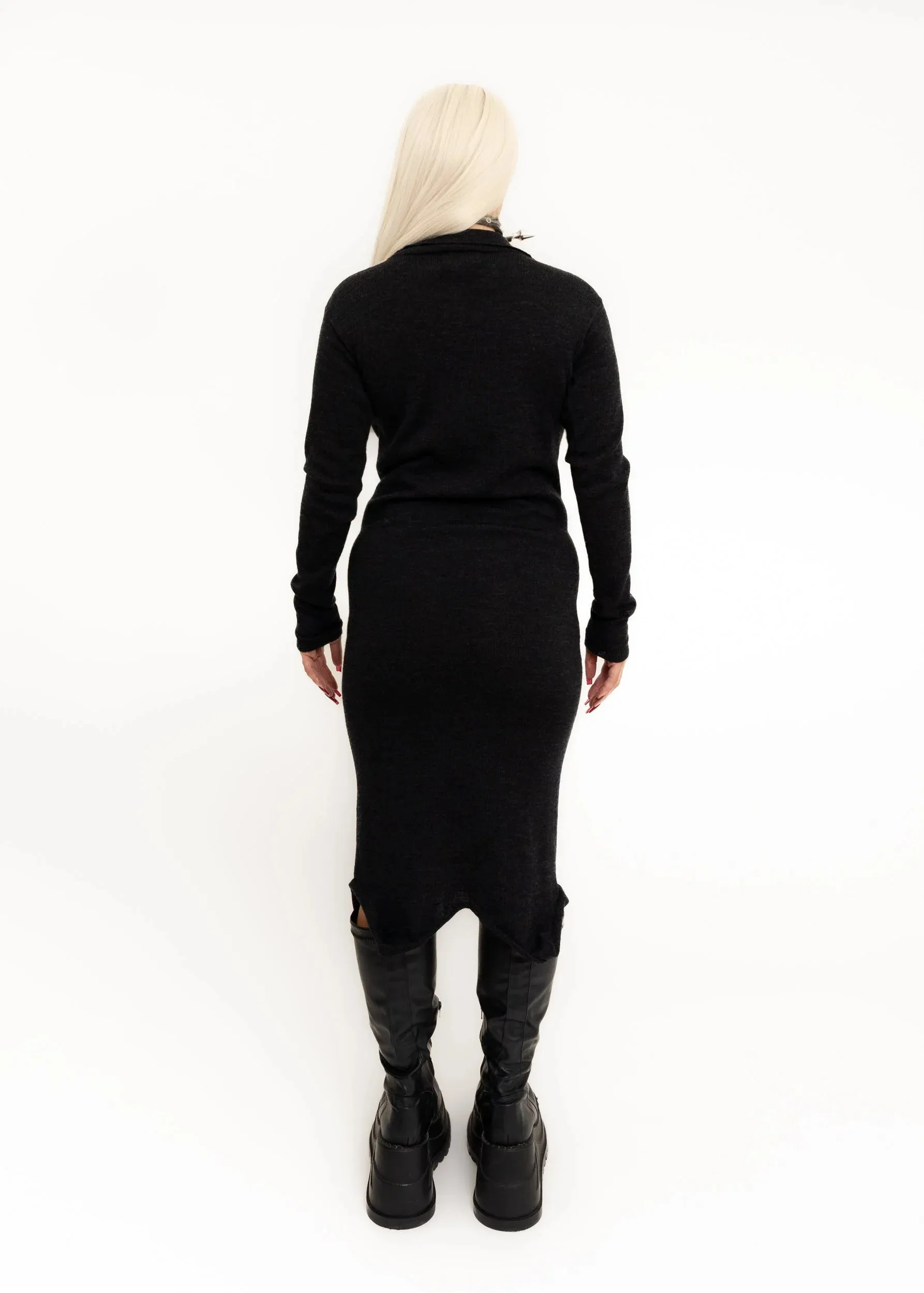 Wool knit dress with plunging neckline