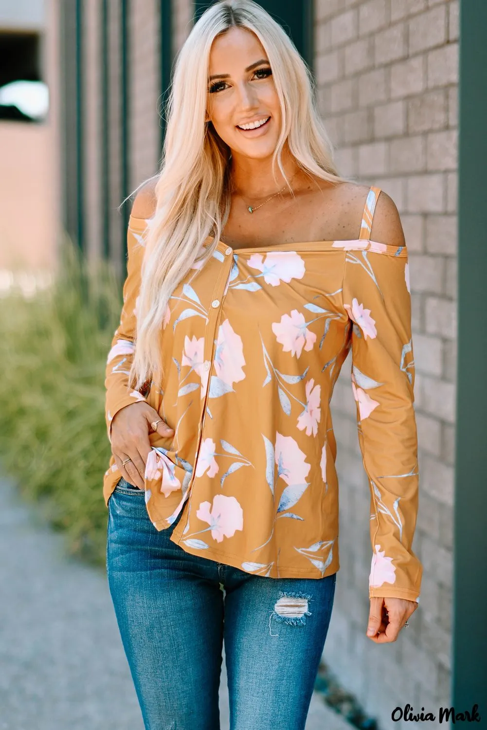 Xieyinshe - Yellow Floral Off Shoulder Long Sleeve Top