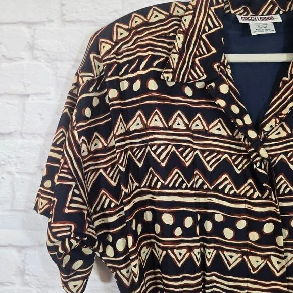 Y Maggy London Vintage Navy Button Down Midi Dress Women's Size 16 Tribal Belted