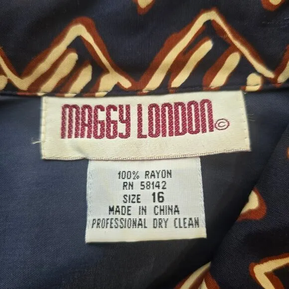 Y Maggy London Vintage Navy Button Down Midi Dress Women's Size 16 Tribal Belted